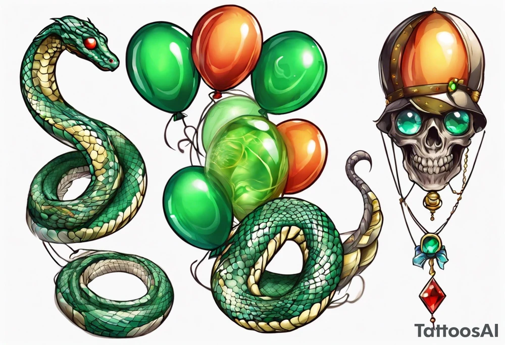 python regius with colored ballons aside and a green gem on the other side tattoo idea