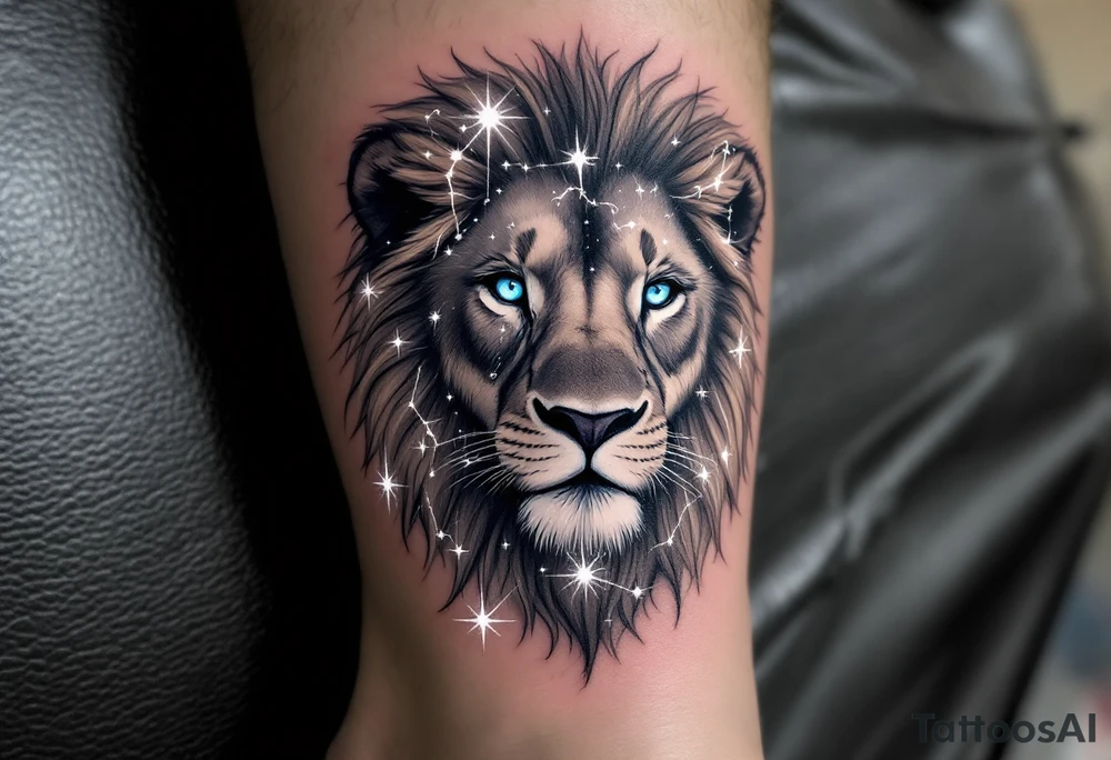 A blue-eyed lion in grayscale has the vivid Leo star constellation etched into its mane using white ink. tattoo idea