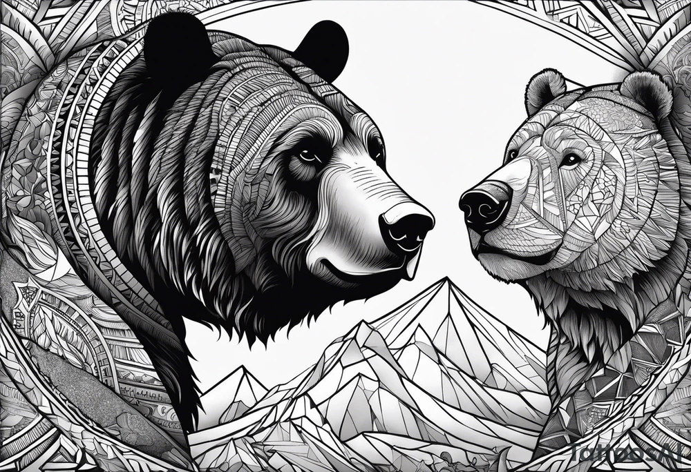 Touro e urso, com uma seta de mercados financeiros a passar entre eles que se transforma numa mão tattoo idea