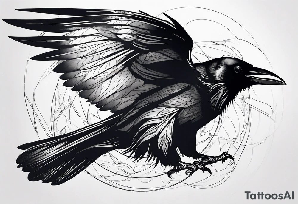 Raven flying, in battle, knowing, light behind its eyes, ethereal tattoo idea