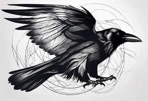 Raven flying, in battle, knowing, light behind its eyes, ethereal tattoo idea