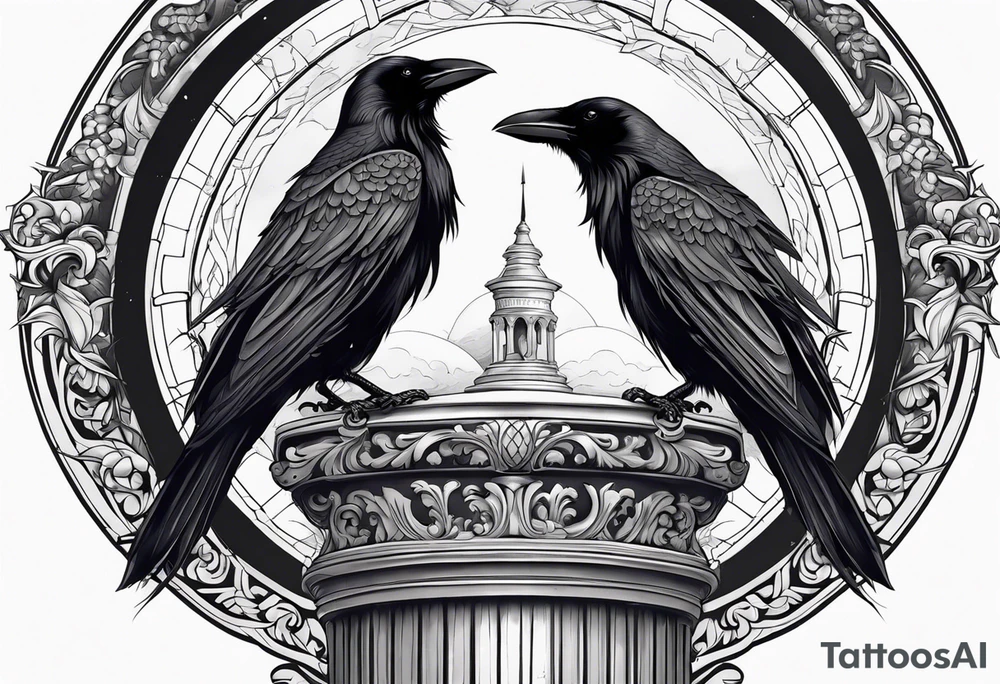 Gothic crow on a Corinthian capital with moon in the background tattoo idea