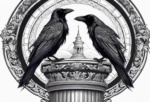 Gothic crow on a Corinthian capital with moon in the background tattoo idea