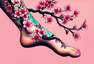 A foot tattoo of colorful cherry blossoms on a pink branch tattoo idea