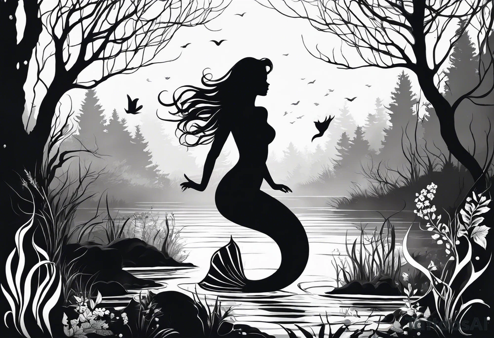 Mermaid silhouette in a swamp with trees and music. tattoo idea