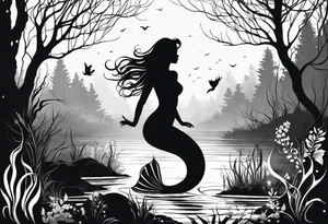 Mermaid silhouette in a swamp with trees and music. tattoo idea