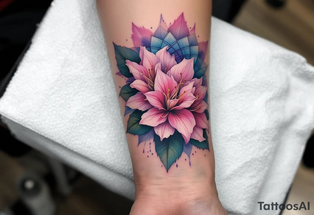 rhododendron trippy with mandala behind tattoo idea