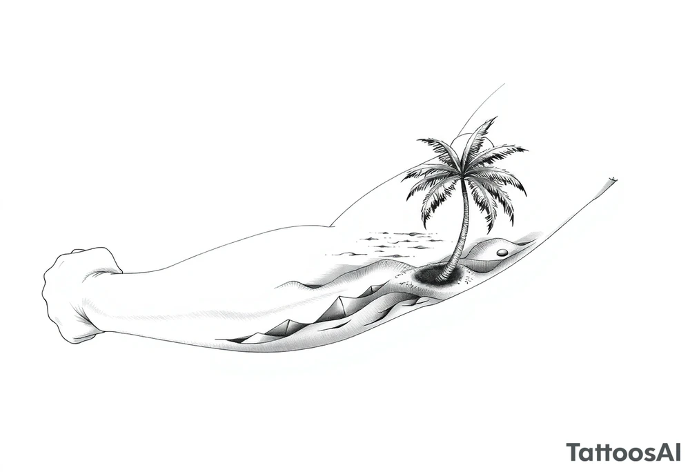 fine line, peaceful, serene, timeless, ocean, sand, palm tree, sun tattoo idea