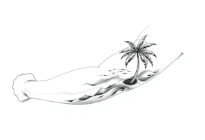 fine line, peaceful, serene, timeless, ocean, sand, palm tree, sun tattoo idea