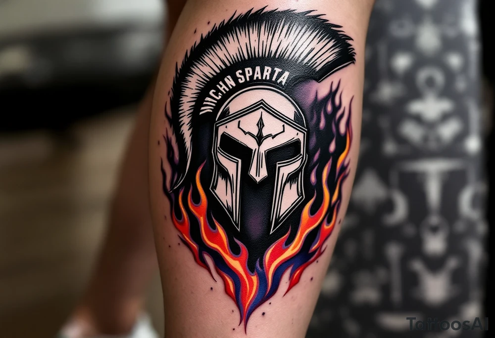 A leg sleeve merging AC and HC Sparta logos, surrounded by flames in red, orange, and violet. tattoo idea