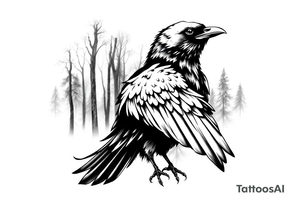 A crow with woods in the background tattoo idea