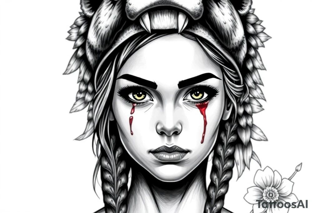 Young Symmetrical Beautiful Woman, looking forward, with colored eyes, shedding a tear, with battle scars and blood on face, with soft look, wearing a mean looking bear headdress on head, with flower background tattoo idea