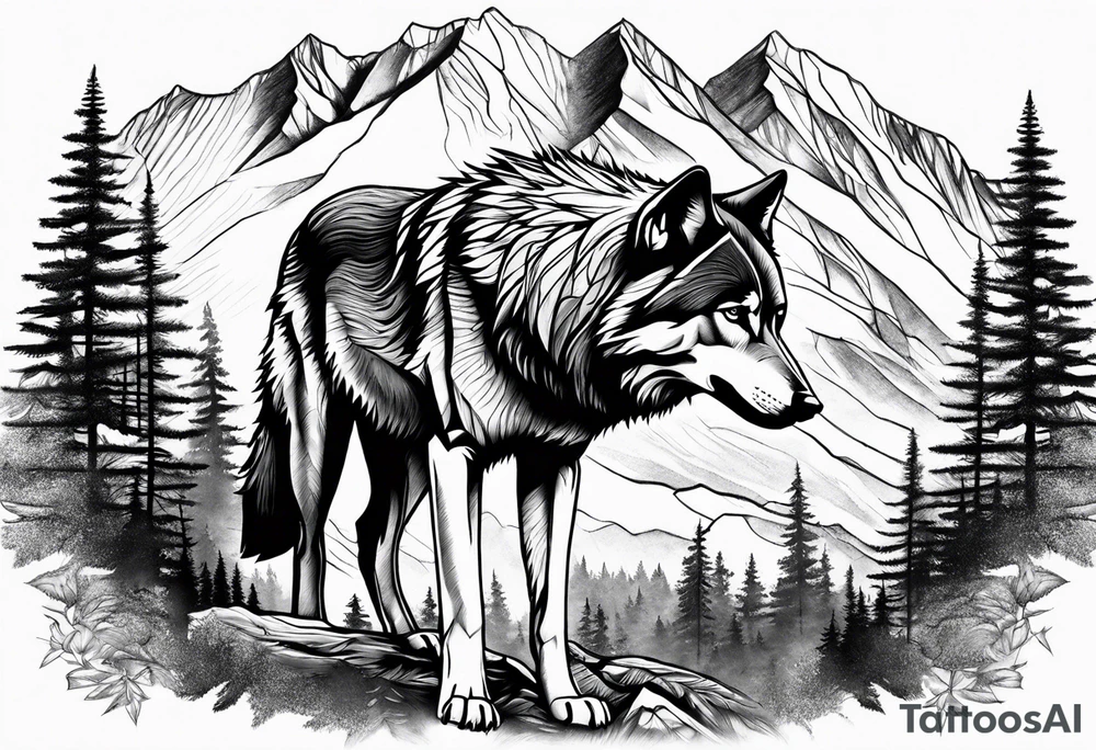 Mountains, wolf in it tattoo idea