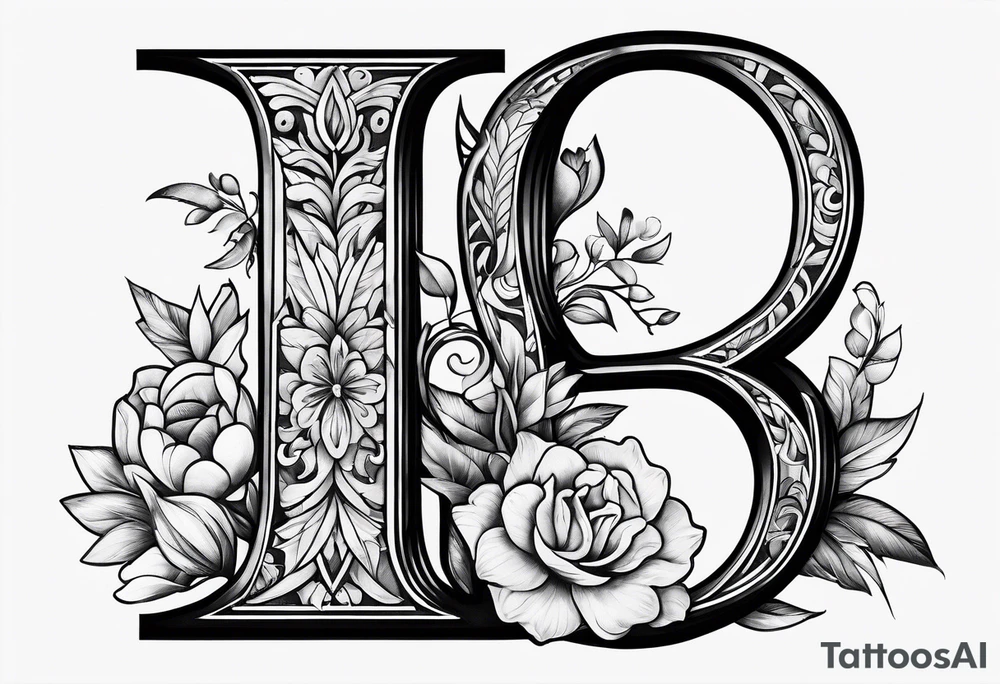 The letter b in bold with the names Alec Hannah and Raelynn inside the b tattoo idea