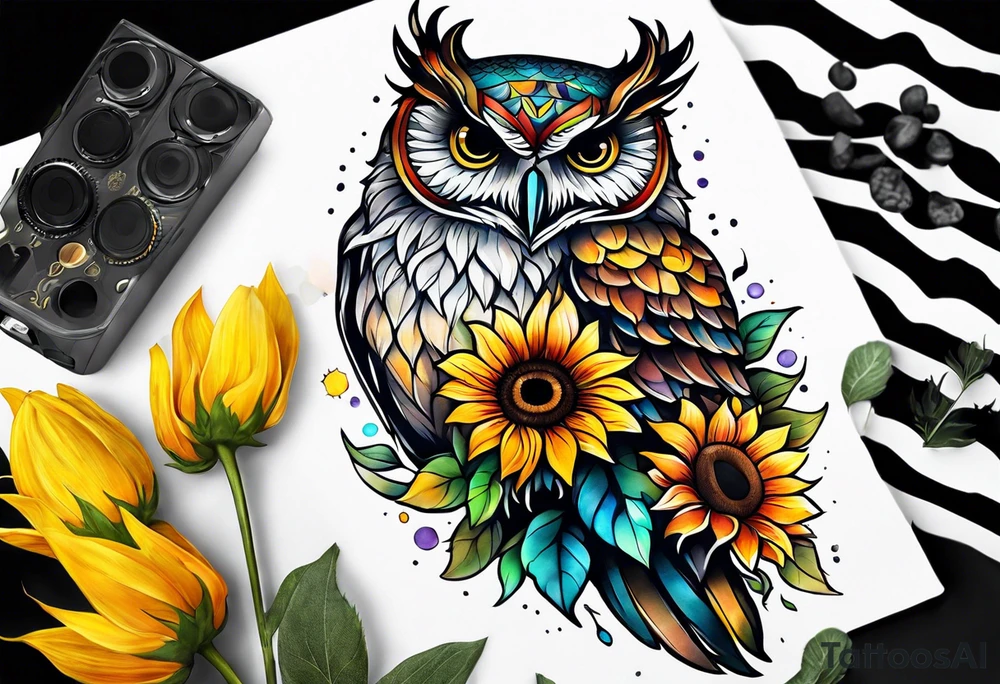 Leg sleeve with colorful sunflowers and an owl tattoo idea