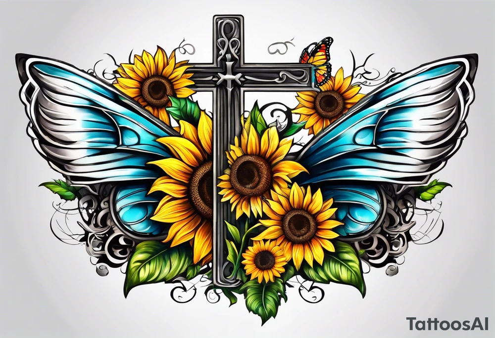 Winged cross with sunflower and butterflies tattoo idea