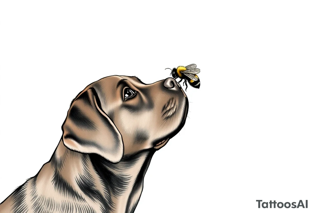 brown lab looking up at a bumble bee like it’s almost about to sniff it but they’re not touching. all black ink and fine line. tattoo idea