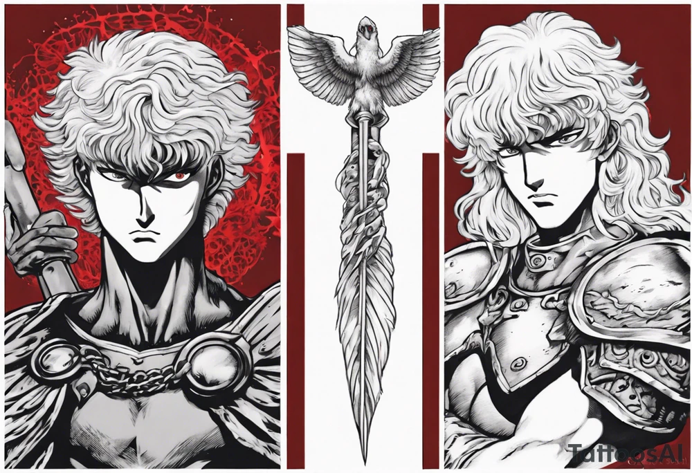 , griffith from berserk, manga, white feather bird, red eclipse, forearm tattoo tattoo idea
