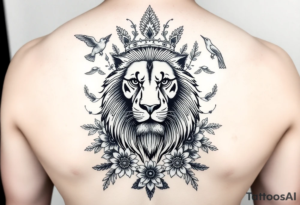 powerful majestic lion with a crown, surrounded by floral ornaments and birds tattoo idea