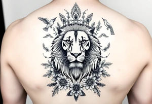powerful majestic lion with a crown, surrounded by floral ornaments and birds tattoo idea