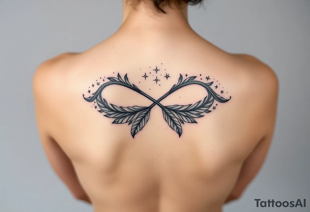 infinity symbol woven with floating feathers and stardust tattoo idea