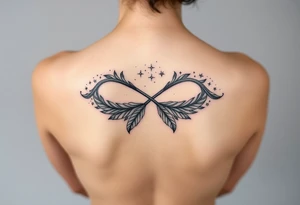 infinity symbol woven with floating feathers and stardust tattoo idea