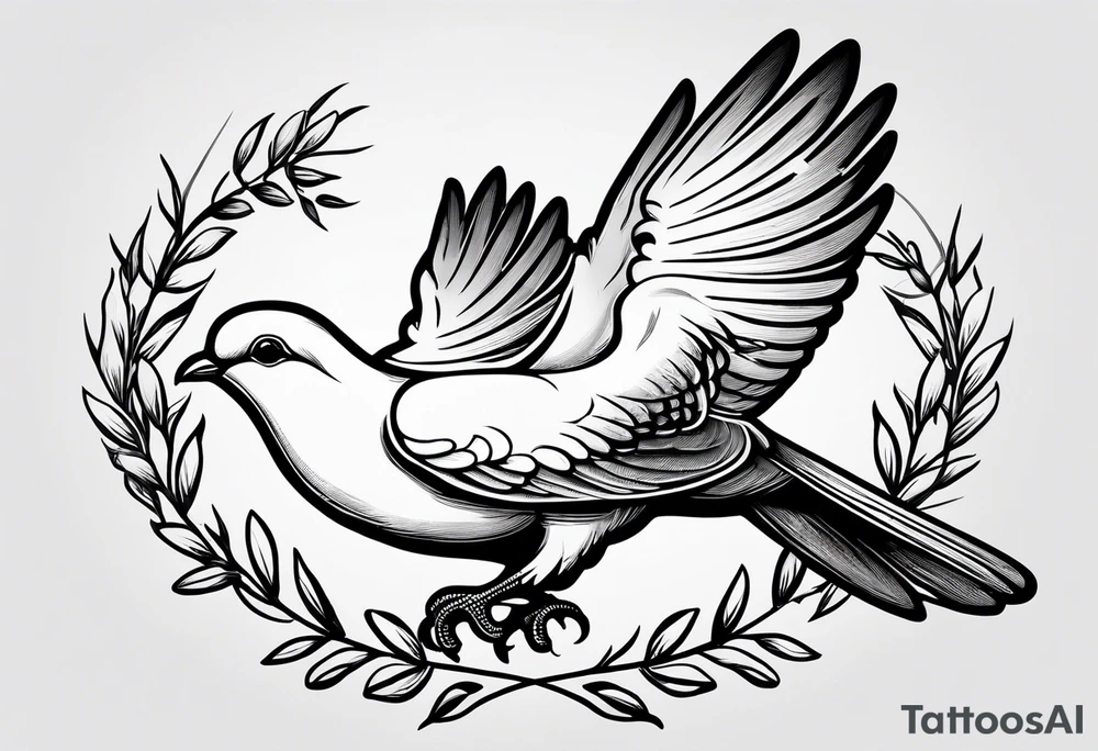 Dove soring through the air clasping an olive branch in its beak. tattoo idea