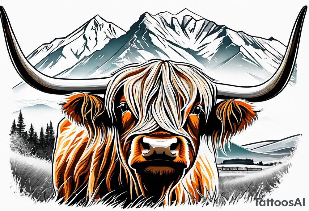 Highland cow with mountains in color tattoo idea