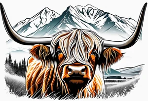 Highland cow with mountains in color tattoo idea