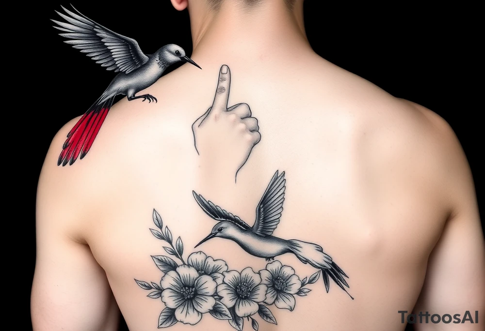 A sexy woman portrait body giving a sexy look and finger in mouth, a black cockatoo red tail flying above her and below her a hummingbird hovering over flowers. Leg design tattoo idea
