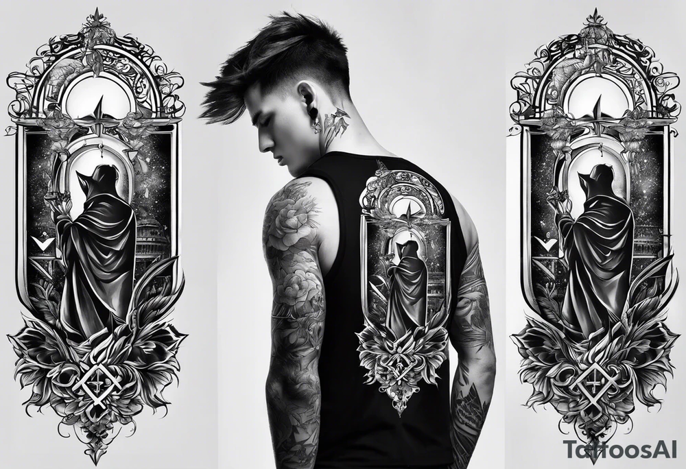 An aesthetic but unpretentious tattoo that is placed on the upper back of a male. It should represent catholic religion, discipline, pain and the love to animals. It should spread over the back of the shoulders. tattoo idea