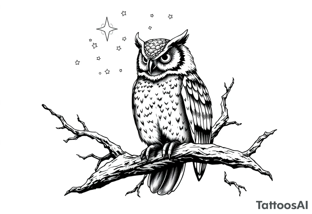 wise owl perched on ancient oak branch under starlit sky tattoo idea