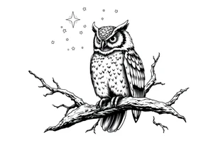 wise owl perched on ancient oak branch under starlit sky tattoo idea