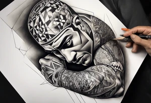 fragmented extreme pain man elbow on arm tattoo idea