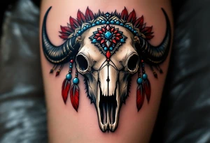 A buffalo skull in white bone with red feathers and blue beads, decorated in ceremonial style. tattoo idea