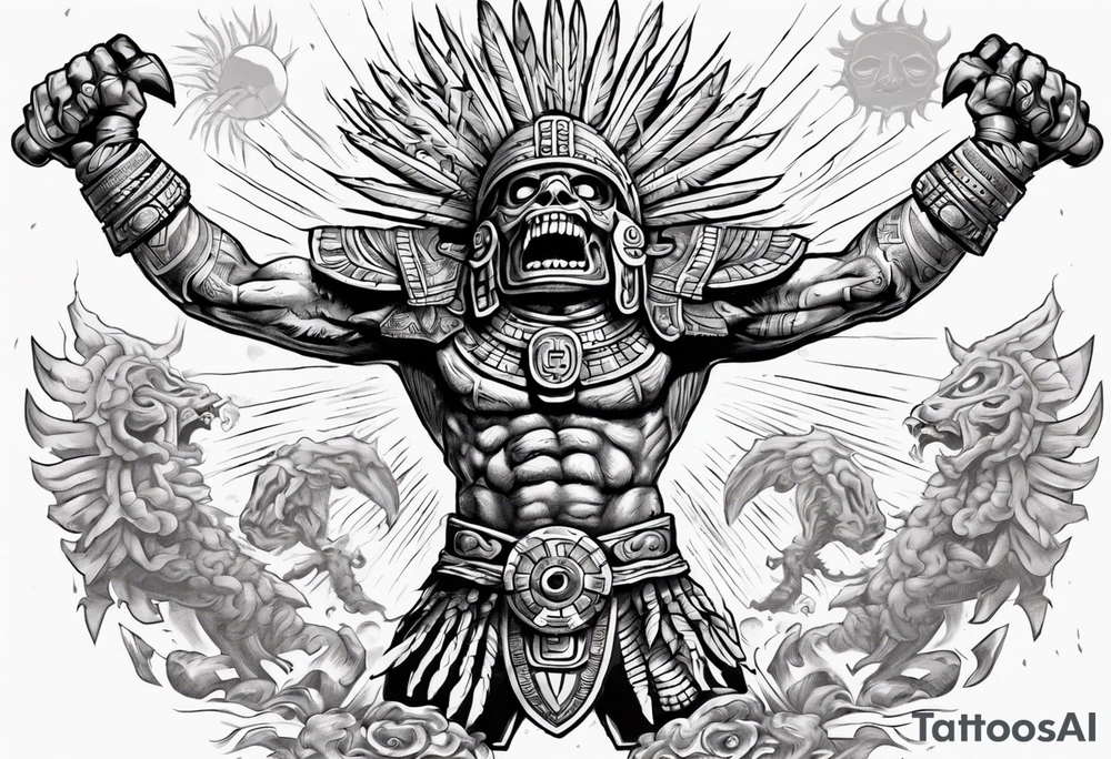 Giant aztec death god warrior fighting as the sun in going in the air tattoo idea