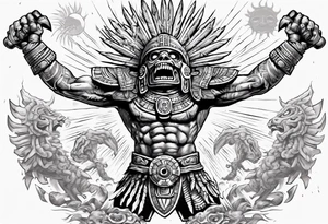 Giant aztec death god warrior fighting as the sun in going in the air tattoo idea
