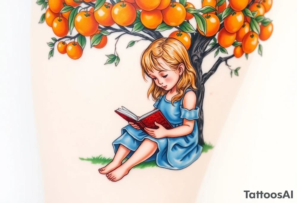 A blond little girl wearing a blue dress sitting under a orange tree while reading a book.


. tattoo idea