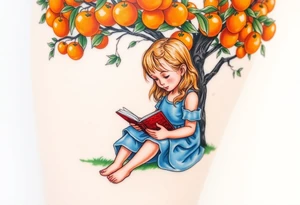 A blond little girl wearing a blue dress sitting under a orange tree while reading a book.


. tattoo idea