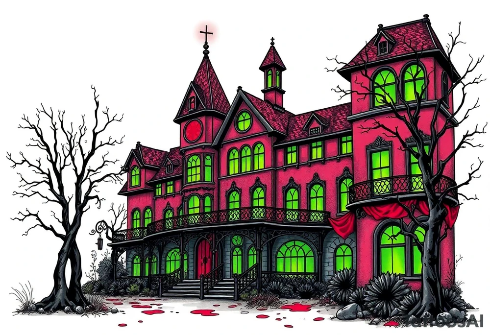 Tim Burton’s hotel from outside viewis abandoned and dripping with muted reds, dusty pinks, and eerie green glow. tattoo idea tattoo idea