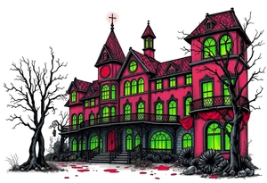 Tim Burton’s hotel from outside viewis abandoned and dripping with muted reds, dusty pinks, and eerie green glow. tattoo idea tattoo idea