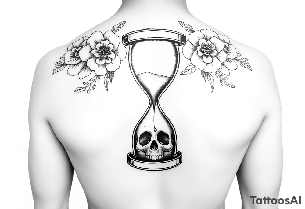 A back tattoo with soft matching florals on each shoulder. In the middle theres an hourglass with a skull on the bottom that the sand is pouring into tattoo idea