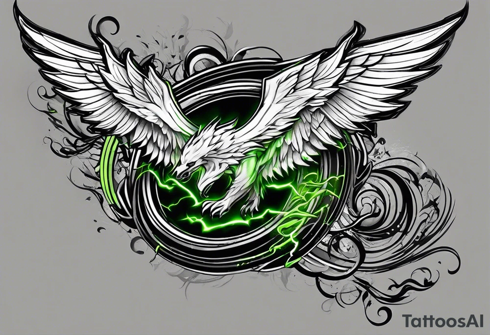 Forearm wing tattoo with streaks of neon green lightning going through/around it tattoo idea