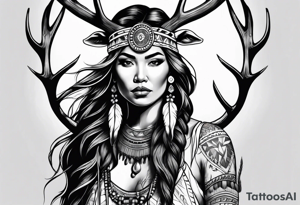 Native American woman full body 
with deer antlers tattoo idea