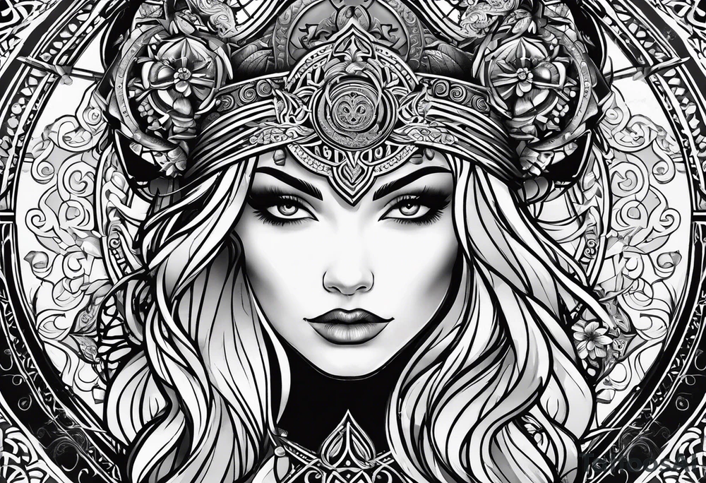 Viking, feminine warrior, mandala, bedroom eyes, headshot, closeup, full design, princess, round emblem, moon tattoo idea