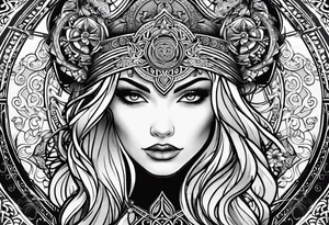 Viking, feminine warrior, mandala, bedroom eyes, headshot, closeup, full design, princess, round emblem, moon tattoo idea