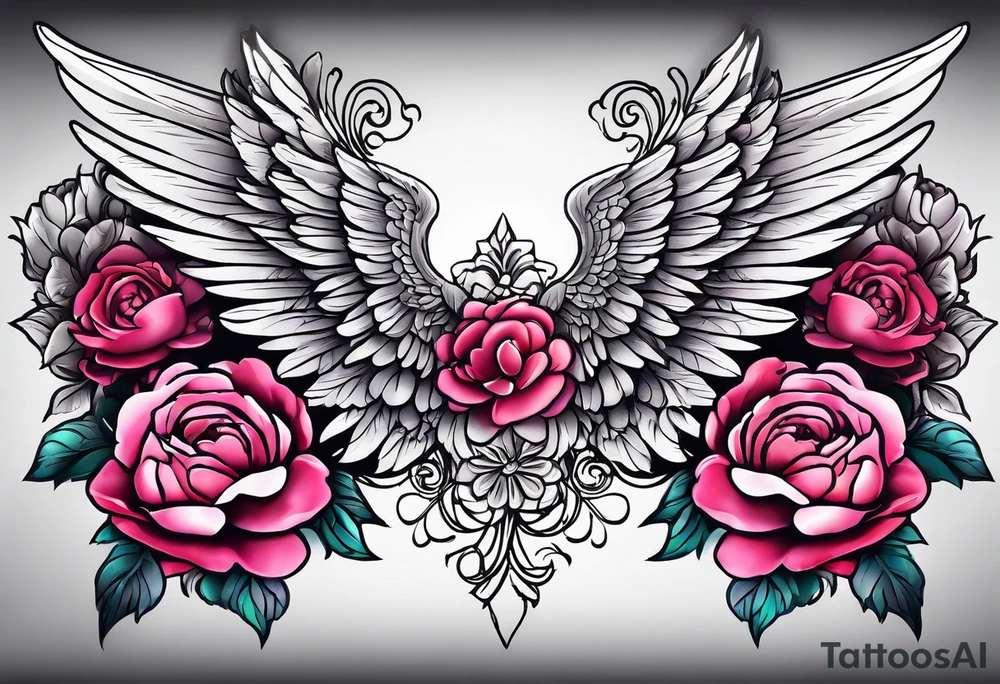 beautiful angel wings with floral peonies, roses, neon, brightly colored. highly detailed, tattoo idea