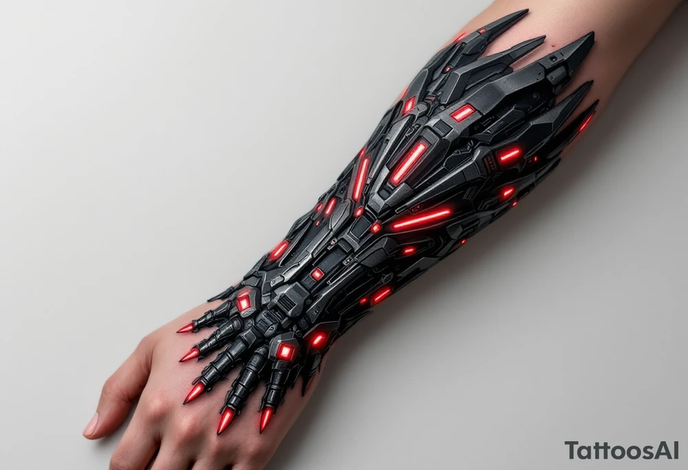 A biomechanical forearm sleeve with blackened steel tendons and pulsing red LED-like highlights under semi-transparent skin. tattoo idea
