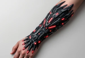 A biomechanical forearm sleeve with blackened steel tendons and pulsing red LED-like highlights under semi-transparent skin. tattoo idea