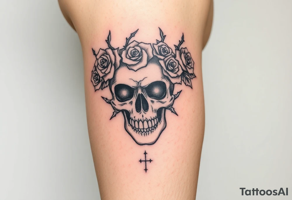 ornate skull adorned with crown of wild roses and thorns tattoo idea